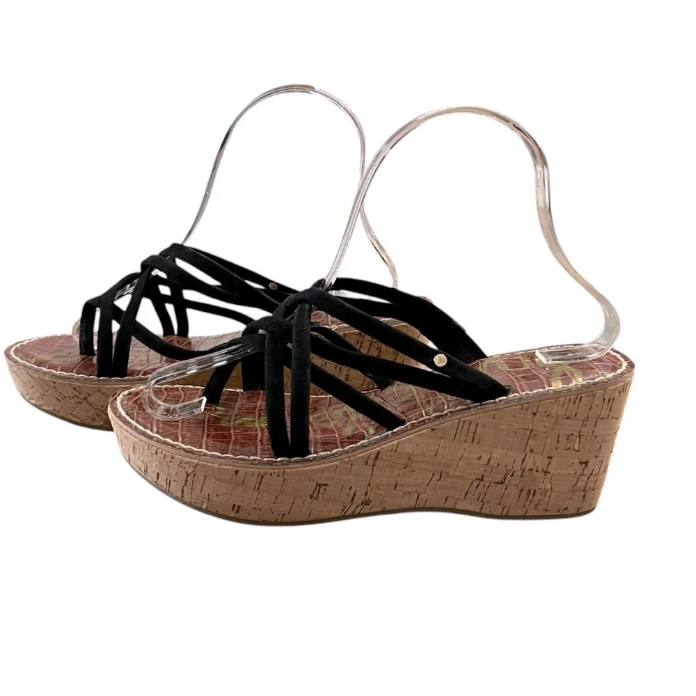 Sam Edelman Reana 3D Black Strappy Leather Cork Wedge Sandals Size 8.5